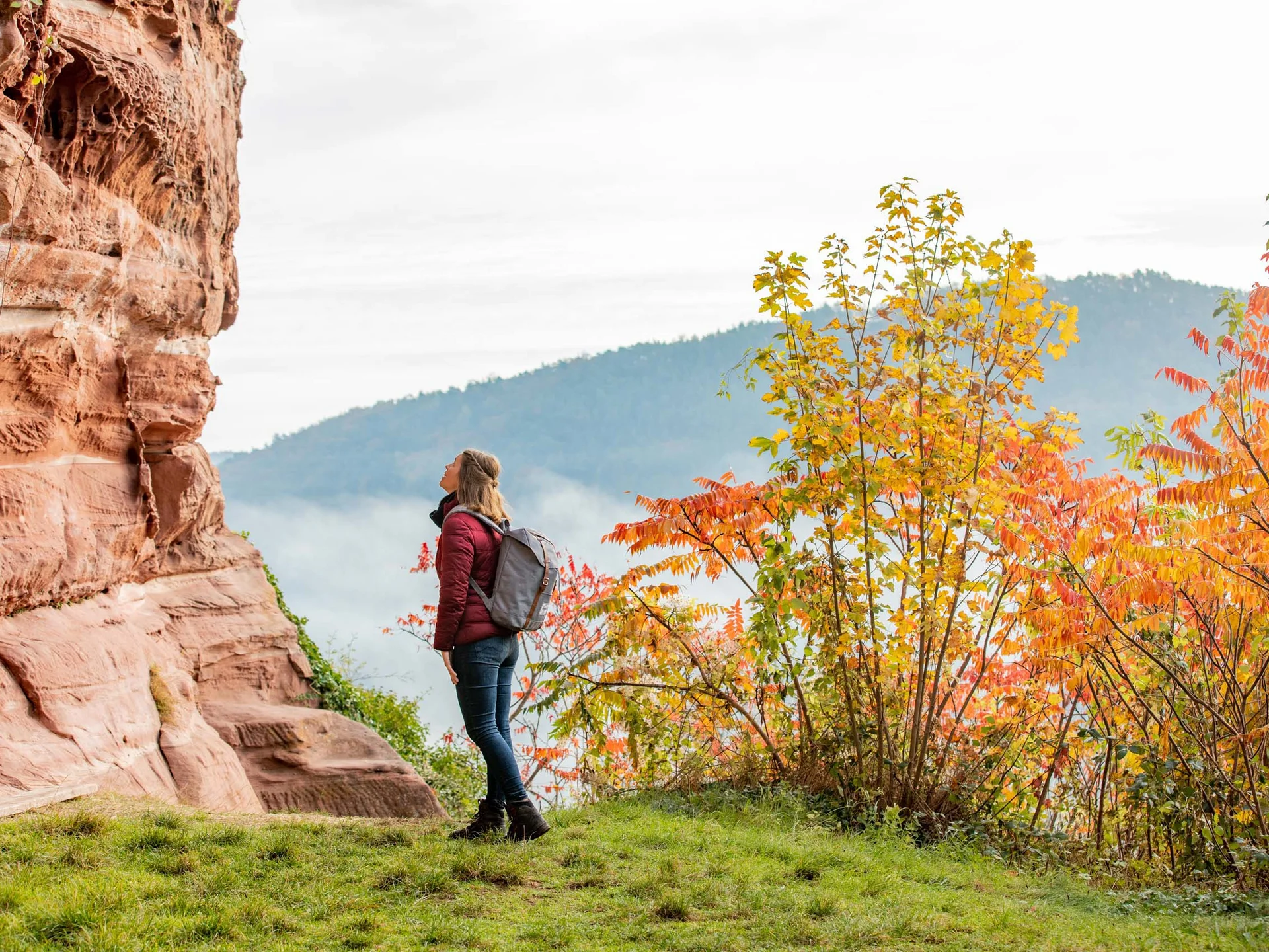Châteaux au Dahner Felsenland Femme avec sac à dos regardant une roche rouge en forêt d'automne